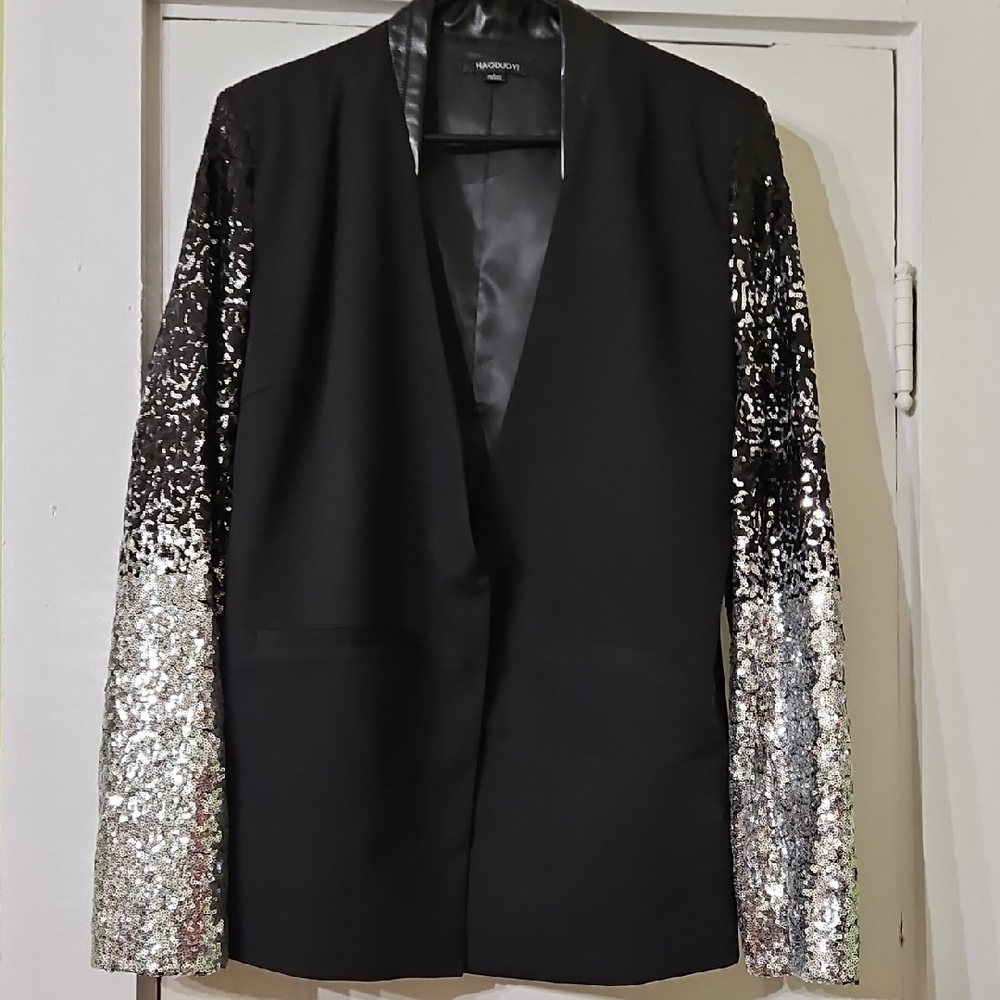 HAODUOYI Black Blazer with Silver Sequin Sleeves